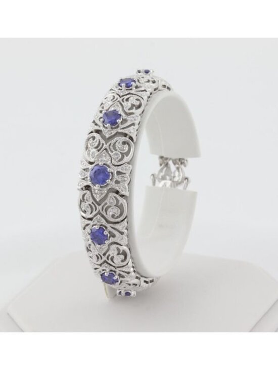 Unbranded Jewelry - Sterling Silver Ornate Scrollwork Sparkly Tanzanite & CZ Bracelet 7 1/4" inch